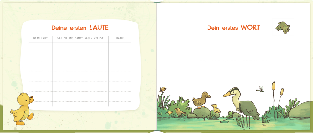 Info-Bild: Waschbär und Liste mit Eintragalbum-Vorteilen für Babys.