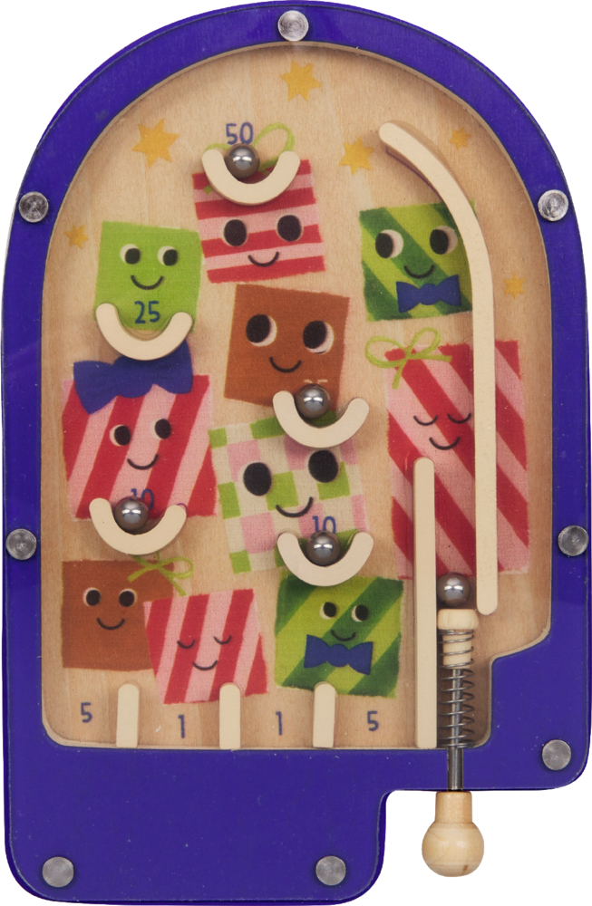 Kleines Flipperspiel aus Holz mit bunten, lächelnden Geschenkfiguren und Metallkugeln sowie blauem Rand.