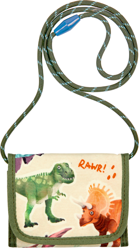 "Kleine Tasche mit grünem Riemen, Cartoon-Dinosauriern und „RAWR!“-Aufdruck auf der Vorderseite."