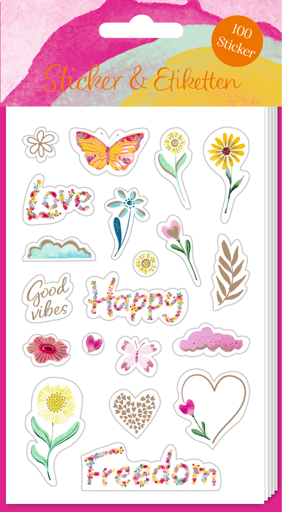 Ein Bogen mit Aufklebern zeigt Blumen, Schmetterlinge, Herzen und die Wörter Love, Happy, Freedom.