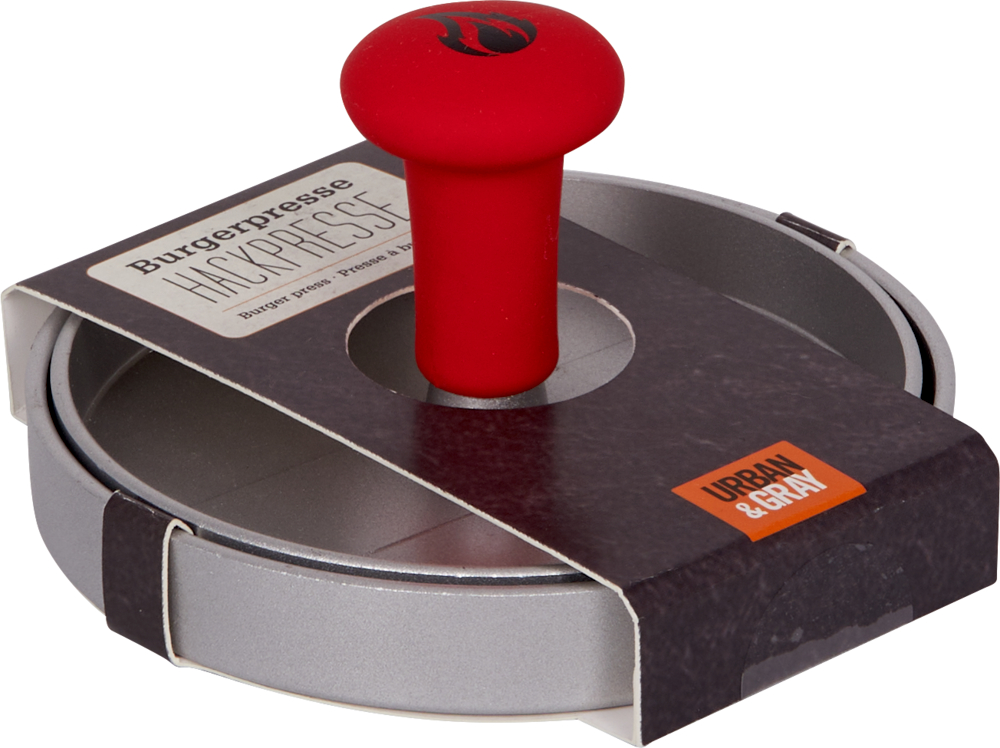 Burgerpresse aus Metall mit rotem Griff und der Aufschrift „Burgerpresse“ in der Verpackung von Urban & Gray.
