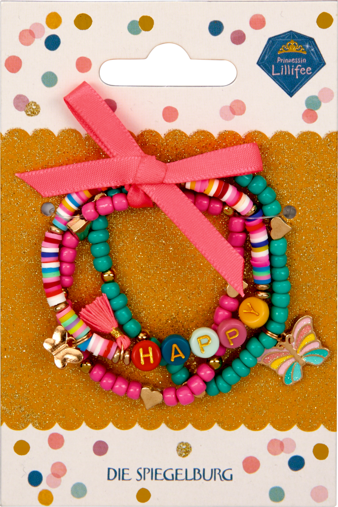 Bunte Perlenarmbänder mit rosa Anhängern und HAPPY-Buchstabenperlen auf einer Pappkarte.