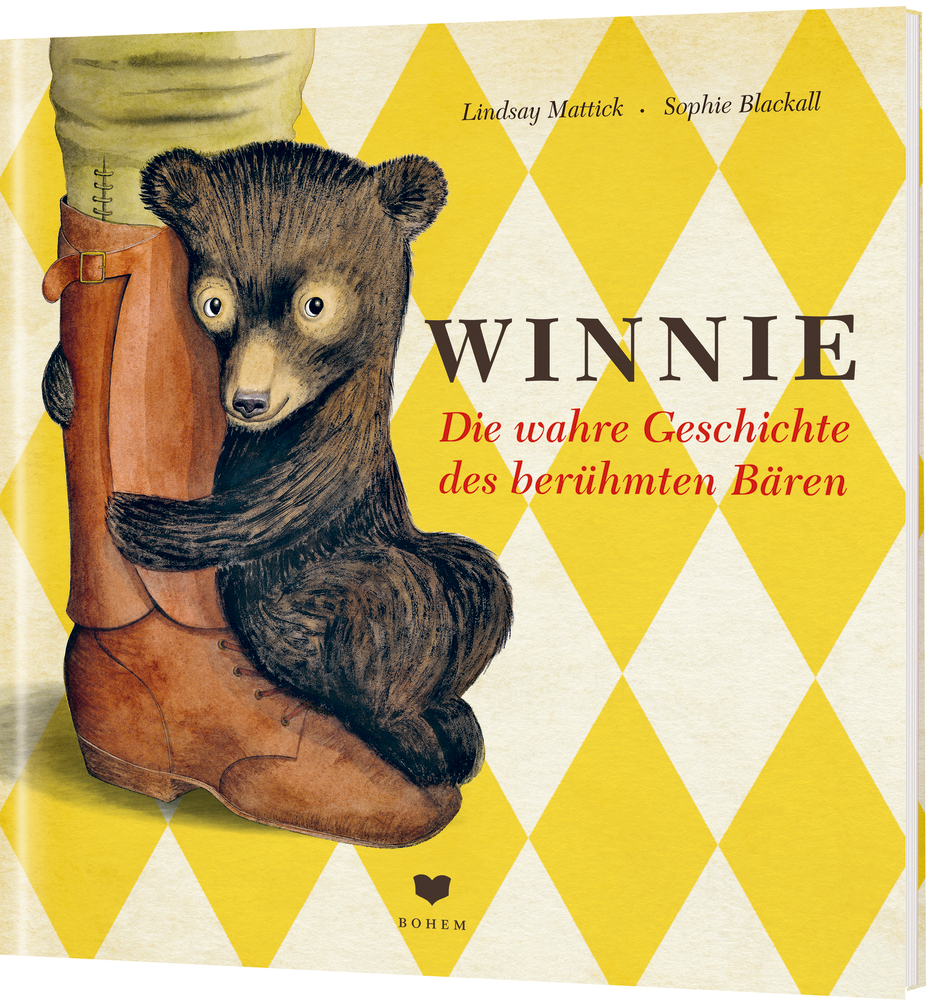 Ein Bärenjunges umarmt einen großen braunen Stiefel auf einem Buchcover mit dem Titel Winnie.