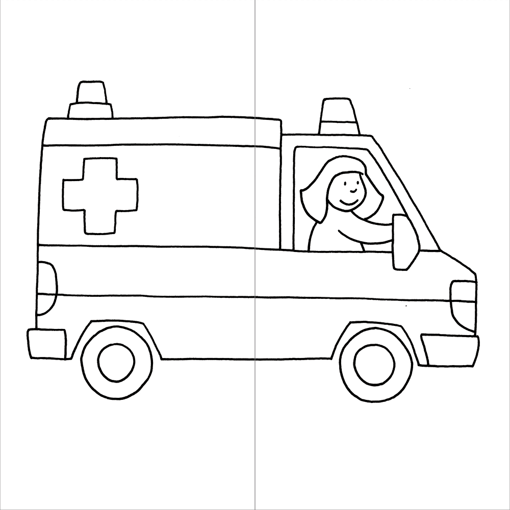 Gezeichneter Krankenwagen mit lächelnder Frau.