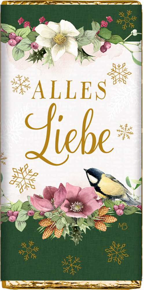 Verpackung mit der goldenen Aufschrift „Alles Liebe“, floralen Motiven, Zapfen, Beeren, Schneeflocken und einer Meise auf grün-weißem Hintergrund.