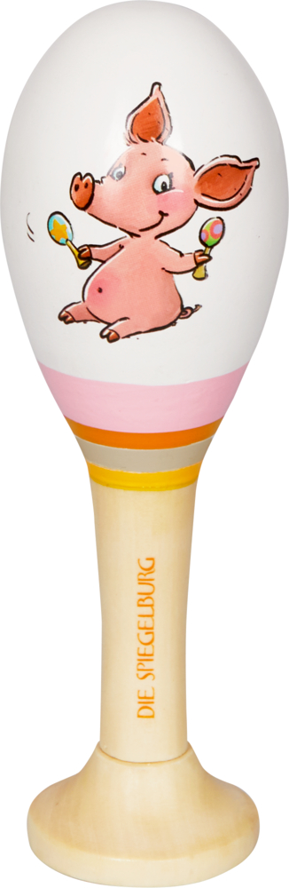 Weiße Maraca mit hellem Holzgriff mit einem lächelnden rosa Schwein, das zwei Maracas hält und der Aufschrift „Die Spiegelburg“.
