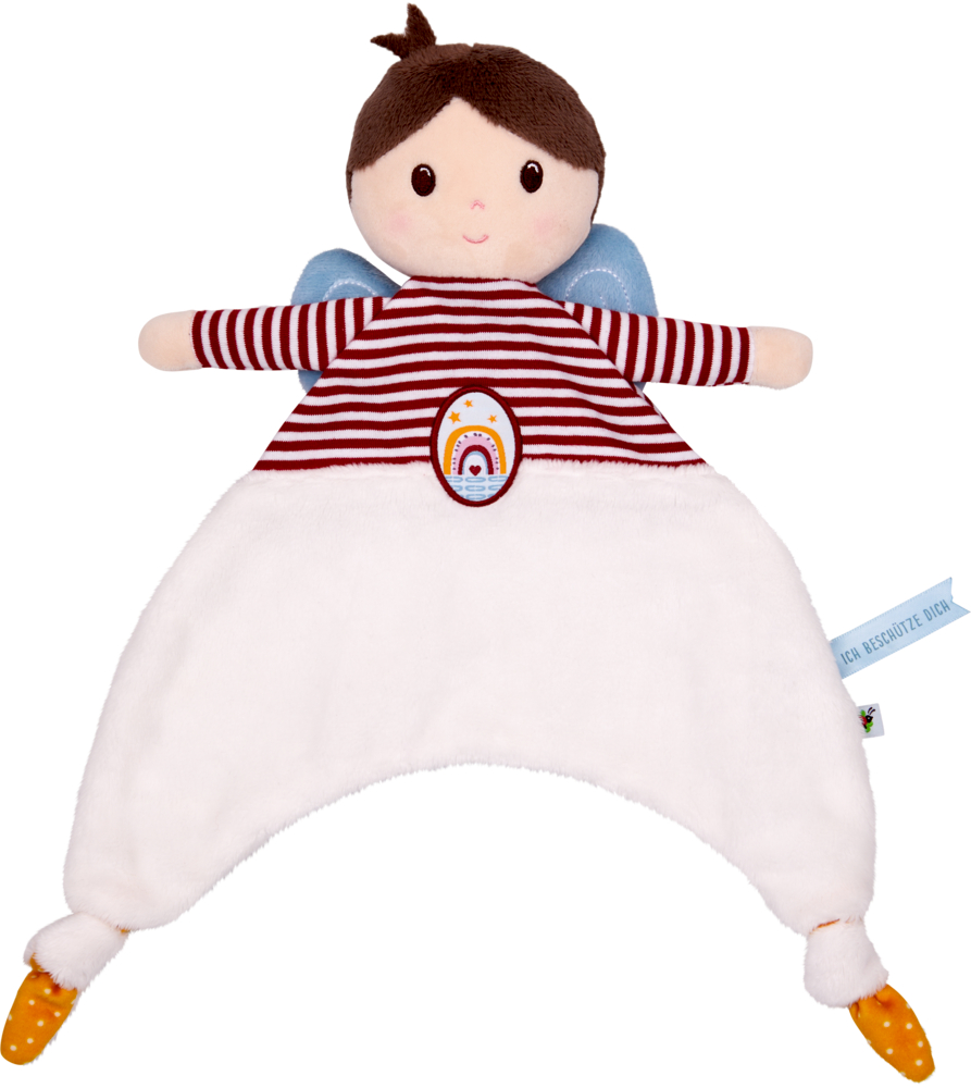 Stoffpuppe mit Streifenshirt, weißem Schmusetuch als Hose, blauen Flügeln, orangefarbenen Schuhen und Regenbogenaufnäher.