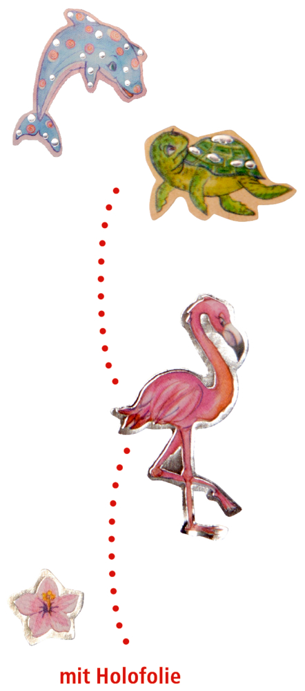 Delfin-, Schildkröten-, Flamingo- und Blumenillustrationen mit roter gepunkteter Linie und dem Text „mit Holofolie“.