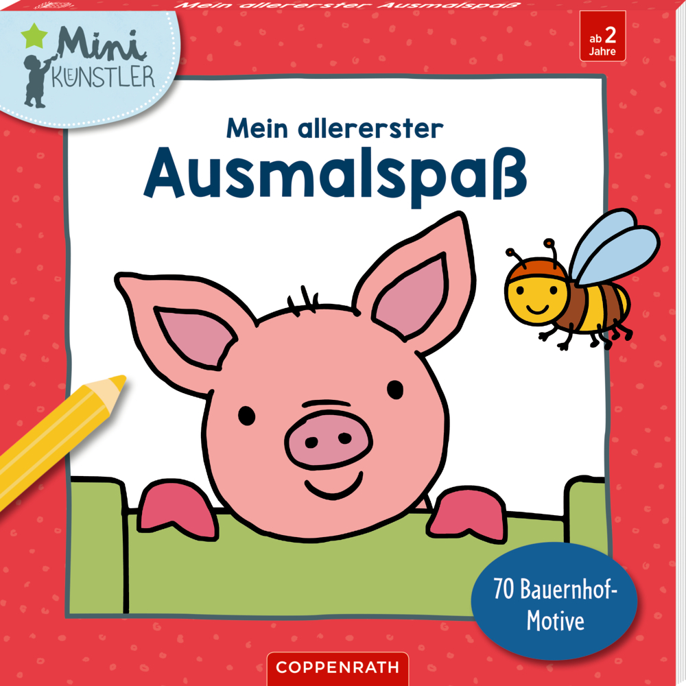 Buchcover auf dem ein lächelndes Ferkel, eine Biene und der Text „Mein allererster Ausmalspaß“ abgebildet sind.