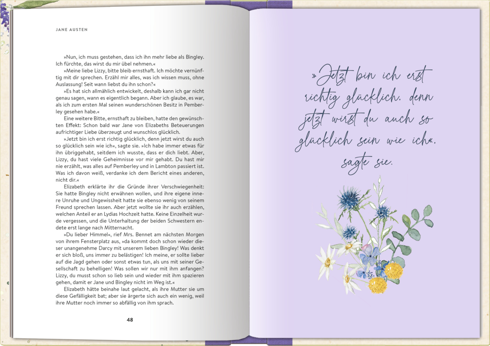 Offenes Buch: Auf der linke Seite Text und auf der rechten Seite mit lila Blumenkunst und handgeschriebenem  Zitat auf lila Hintergrund.