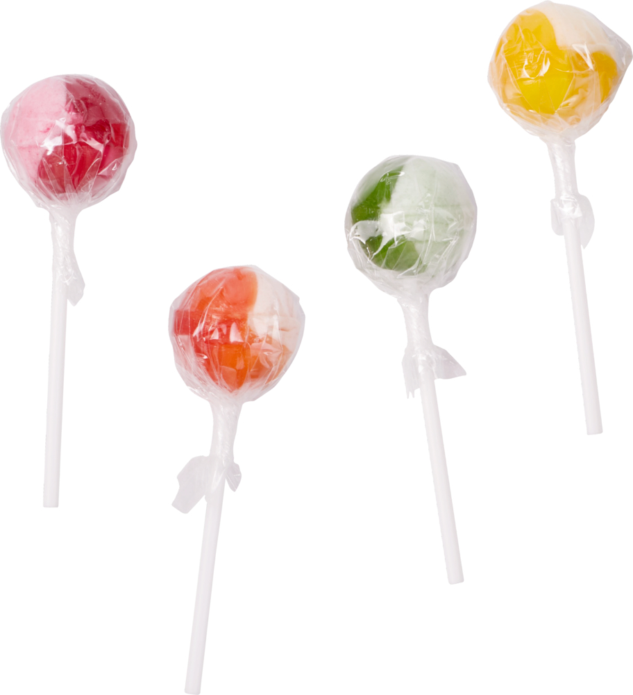Vier bunte Lutscher, jeweils in einer durchsichtigen Plastikfolie verpackt.
