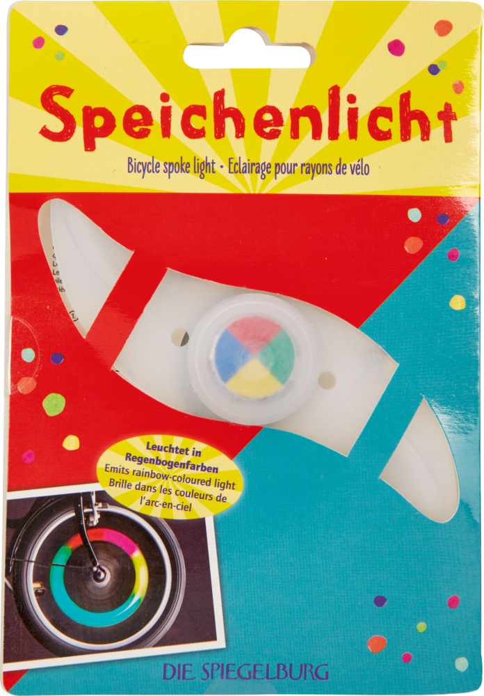 Fahrrad-Speichenlicht in Verpackung mit Regenbogenfarben und deutscher, englischer und französischer Beschriftung.