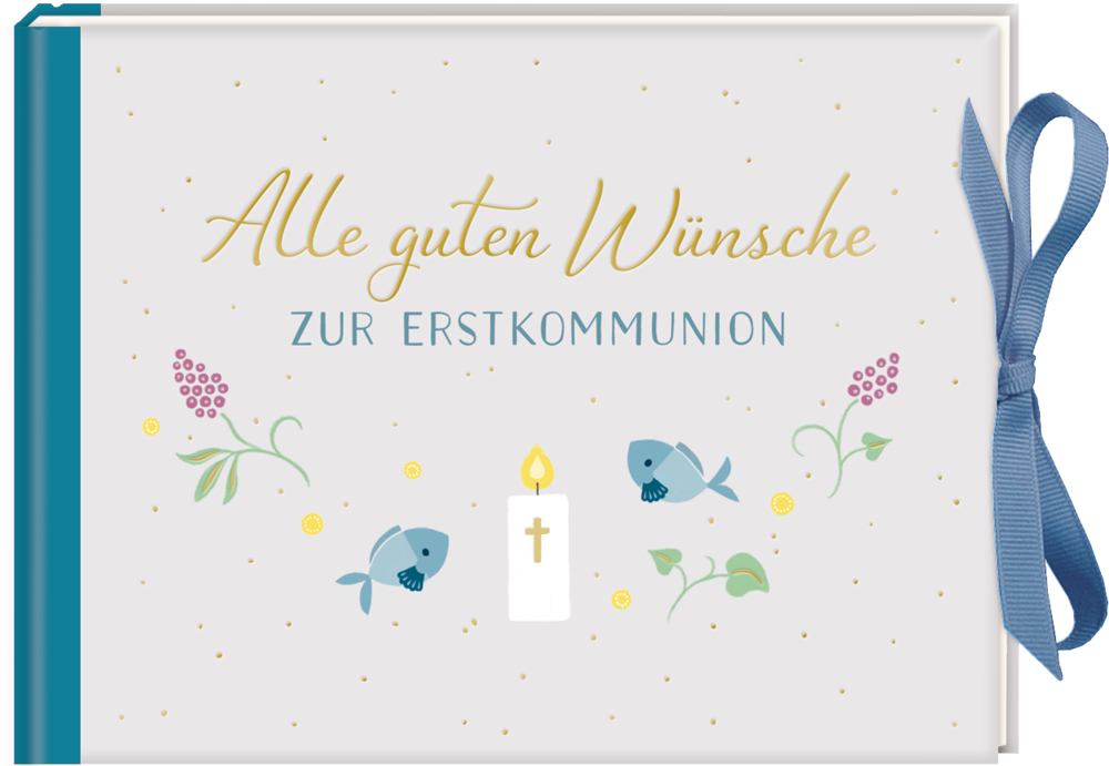 Cover mit Kerze, Fisch und Blumen. Text: „Alle guten Wünsche zur Erstkommunion.“.