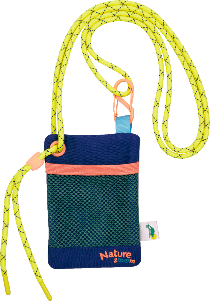 Kleine dukelblaue Tasche mit blau-grünem Netzfach, orangefarbenem Reißverschluss und gelb-schwarzer Kordel mit Clip.