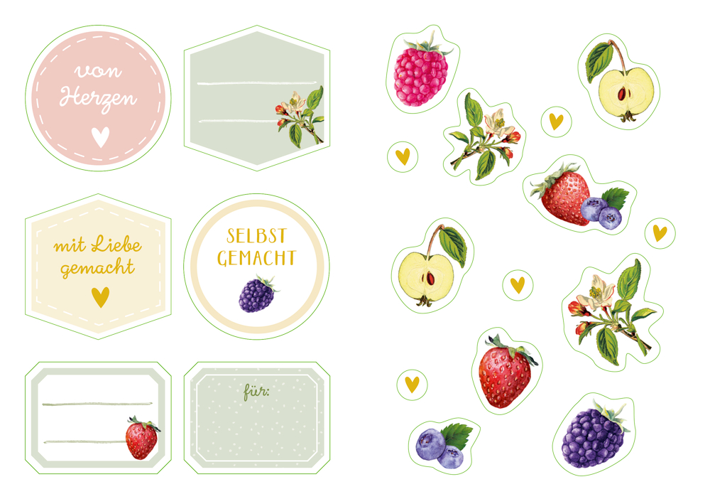Dekorative Obstaufkleber mit Erdbeeren, Äpfeln, Beeren und deutschen Sprüchen.