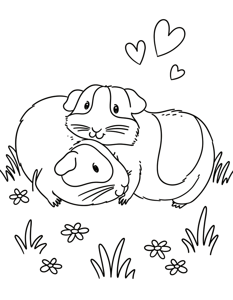 Zwei kuschelnde Meerschweinchen mit Herzchen über sich, umgeben von Gras und Blumen, als Motiv für ein Ausmalbild.
