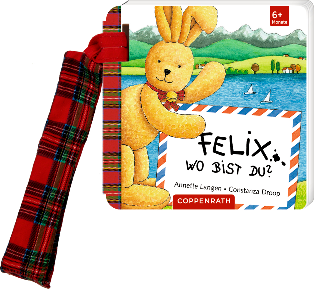 Kinderbucheinband mit einem Plüschhase und dem Titel „Felix, wo bist du?“, rotkarierte Lasche angenäht.