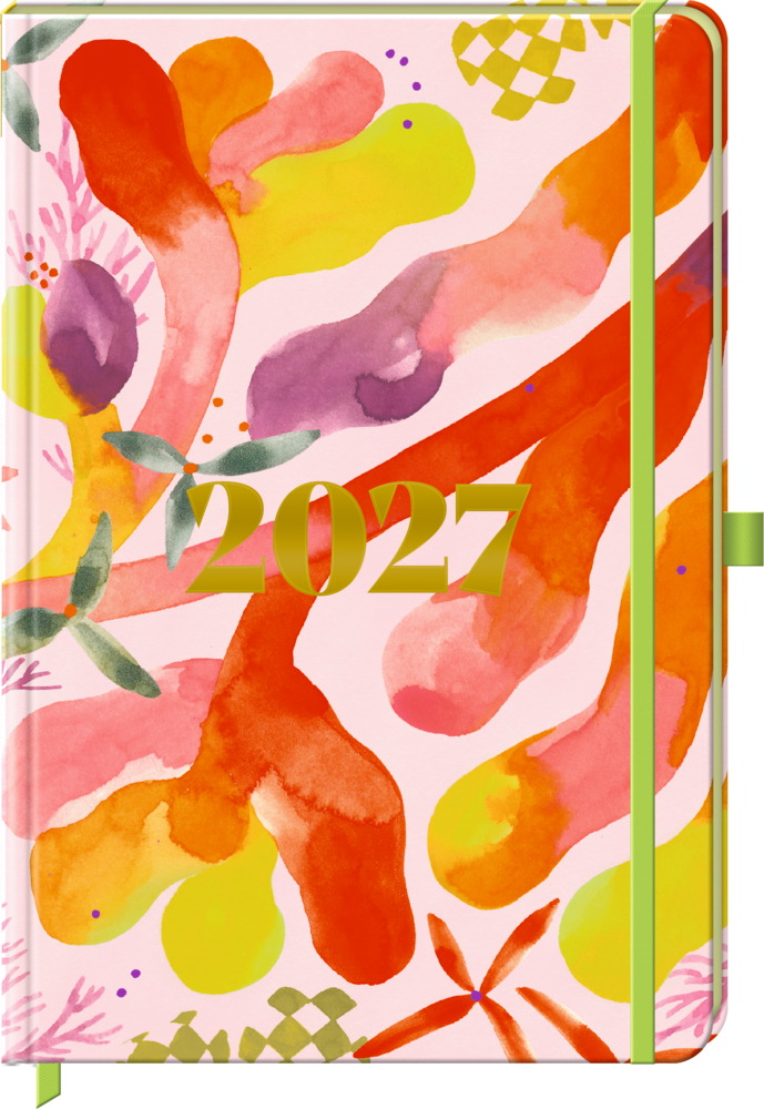 Bunter 2027 Planer mit abstrakten Aquarellformen in Orange, Gelb, Pink und grünem Einband.
