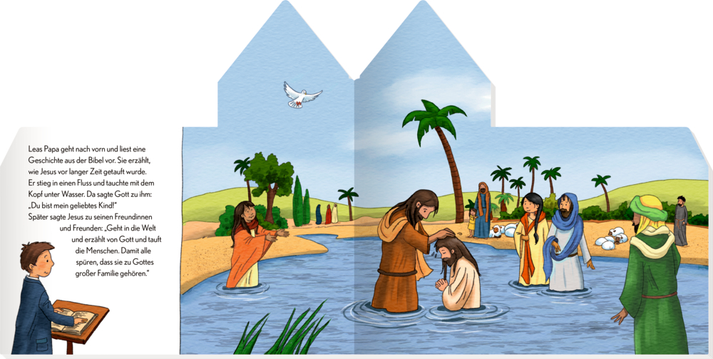 Auf einer Doppelseite mit Text, tauft ein Mann Jesus in einem Fluss, umgeben von Menschen, darüber fliegt eine Taube und im Hintergrund grasen Schafe.