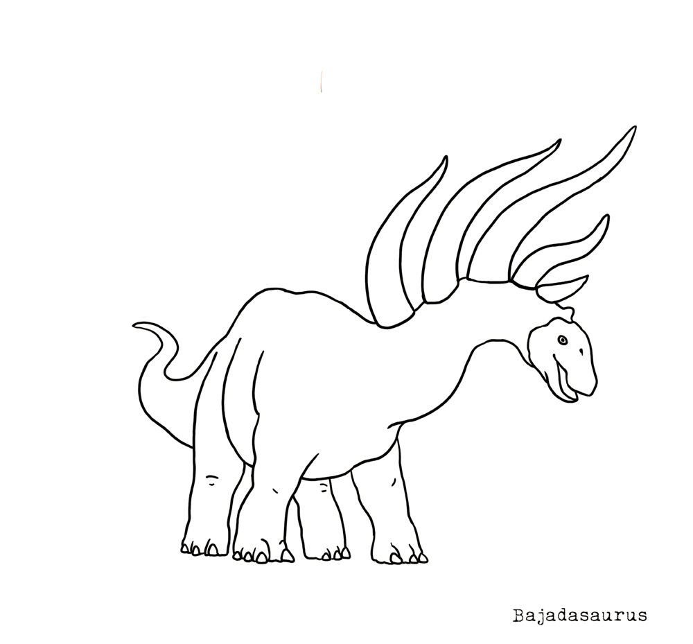 Ausmalbild des Dinosauriers Bajadasaurus mit langen, gebogenen Stacheln am Hals und am Rücken.