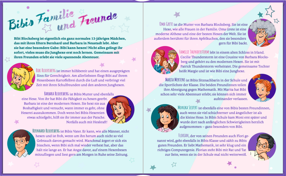 Illustrierte Doppelseite mit Text und Porträts der Figuren aus Bibi Blocksbergs Familie und Freundeskreis.