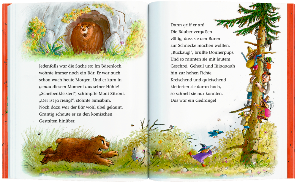 Bär jagt Personen, die auf einen Baum klettern und im Hintergrund sind Bärenhöhle und Wald zu sehen, auf einer Doppelseite mit Text.