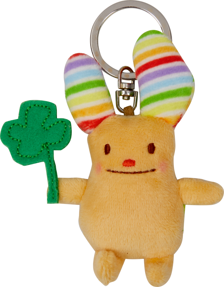 Plüsch-Schlüsselanhänger mit regenbogengestreiften Ohren, grünem Filzklee und aufgenähtem lächelnden Gesicht.