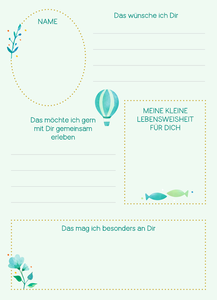 Arbeitsblatt mit Lückentext, verzierten Pflanzen, Heißluftballon und Fischzeichnungen.