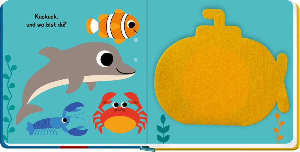 Illustrationen von Delfin, Clownfisch, Hummer und Krabbe neben gelber Filzform eines U-Boots auf blauem Hintergrund.