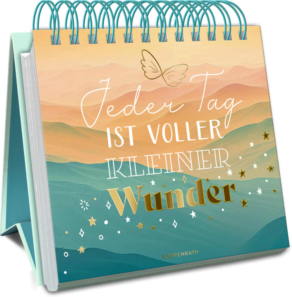 Spiralaufsteller mit farbverlaufener Landschaft in Orange und Türkis und dem Text „Jeder Tag ist voller kleiner Wunder“.