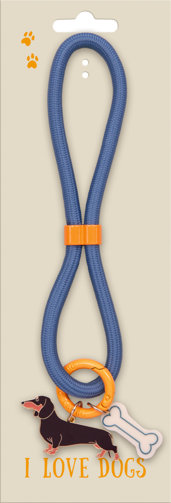 Blaues Schlüsselband aus geflochtener Kordel mit orangefarbenem Ring und Anhängern in Knochen- und Dackelform auf Pappverpackung.