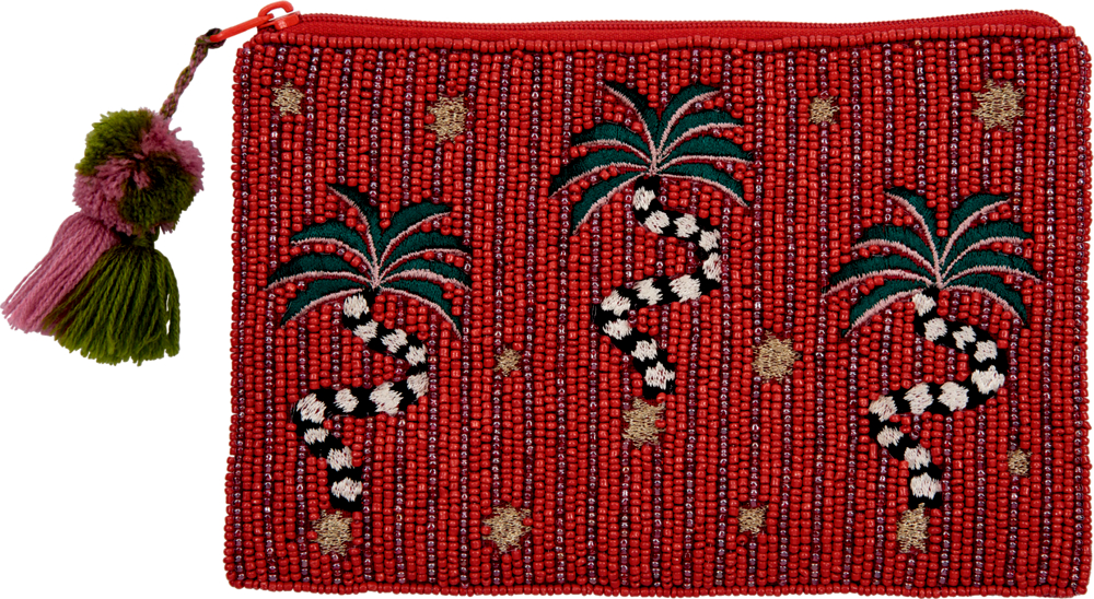 Rote Perlenclutch mit drei gestickten Palmenmustern und Quaste aus grünem und violettem Garn am Reißverschluss.