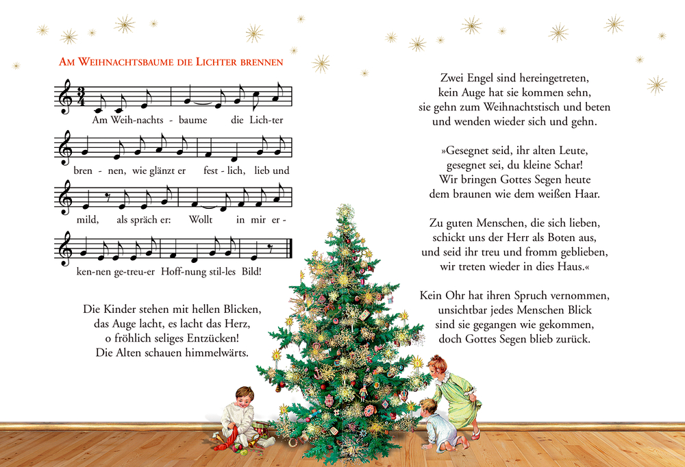 Notenblätter, ein geschmückter Weihnachtsbaum und zwei Kinder, die in der Nähe sitzen, im Hintergrund funkeln Sterne auf einer Doppelseite.