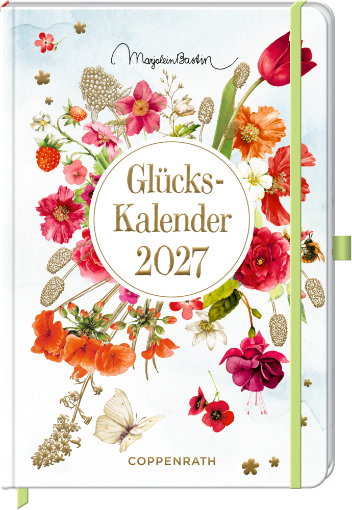 2027 Glücks-Kalender Planer mit bunten Blumen, Schmetterlingen und goldenen Akzenten auf weißem Hintergrund.