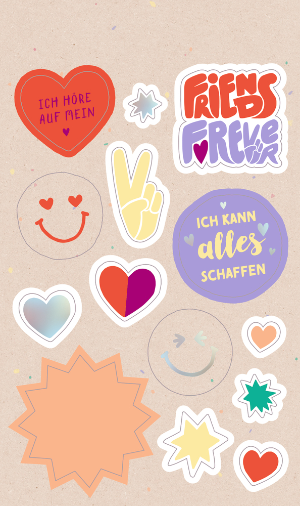 Bunte Sticker in Herz-, Stern- und Smileyformen mit Schriftzügen wie „Ich höre auf mein Herz“ und „Ich kann alles schaffen“.