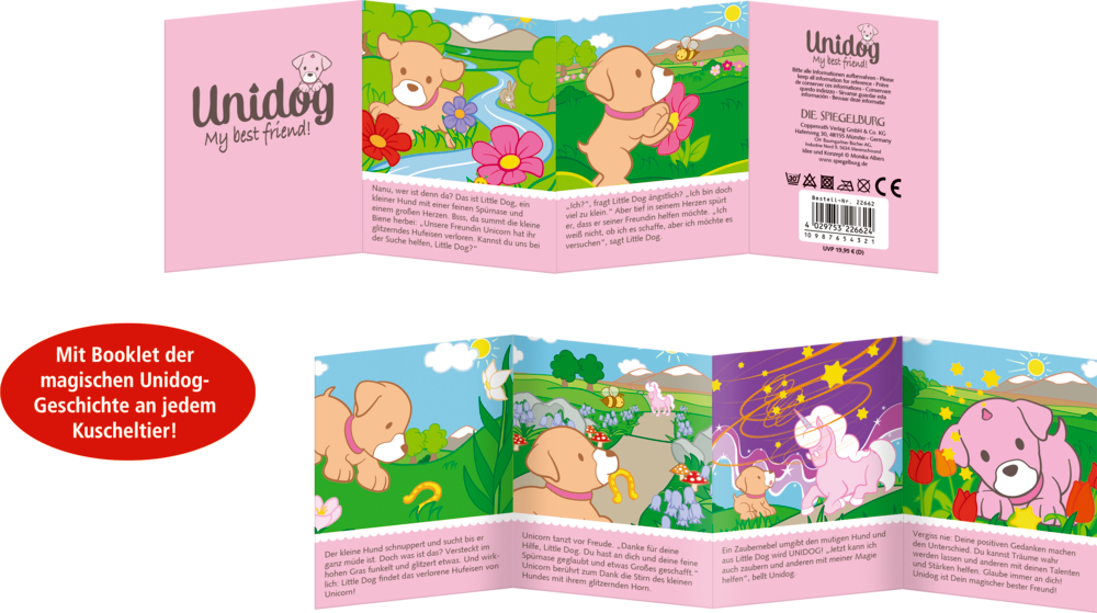 Leporelloheft mit Cartoon-Hunden in lebendigen Naturszenen – Blumen, Flüssen und einem Regenbogen.