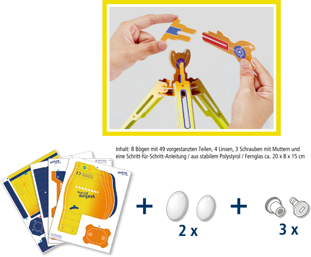 Bunte Bauteile eines Bastelsets für ein Fernglas mit vorgestanzten Teilen, Linsen und Schrauben mit Muttern.