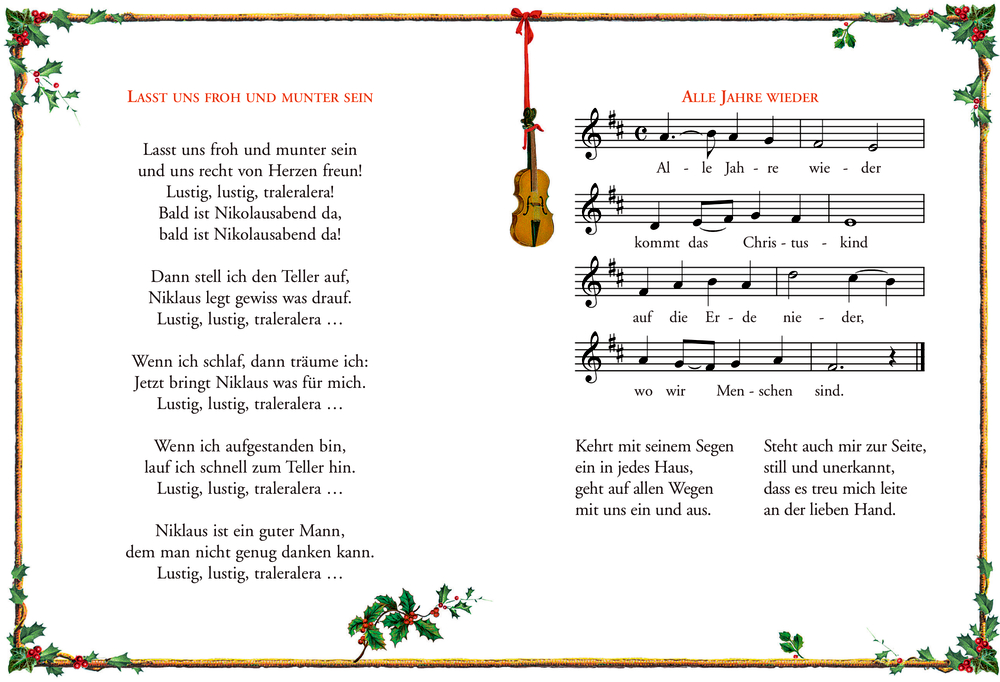 Offenes Liederbuch auf der linken Seite Liedtext und rechts Noten, Stechpalmenrand und hängende Geige.