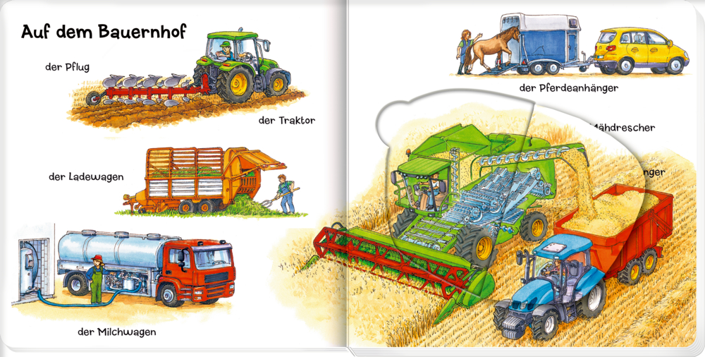 Illustrationen von landwirtschaftlichen Fahrzeugen: Traktor mit Pflug, Ladewagen, Milchwagen, Pferdeanhänger und Mähdrescher beim Ernten.