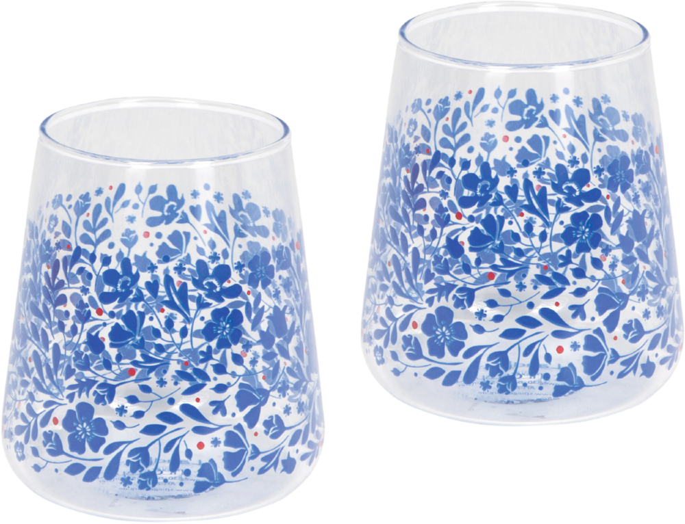 Zwei durchsichtige Gläser mit blauem Blütenmuster und kleinen roten Punkten.