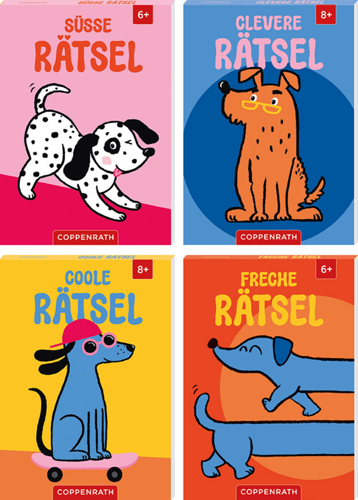 Vier farbenfrohe Rätselcover mit Hunde-Cartoonmotiven.