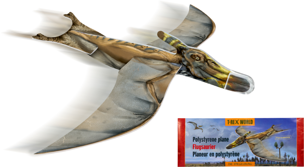 Ein Polystyrol-Spielzeugflugzeug in Form eines fliegenden Dinosauriers im Flug, farbige Verpackung als Ausschnitt.