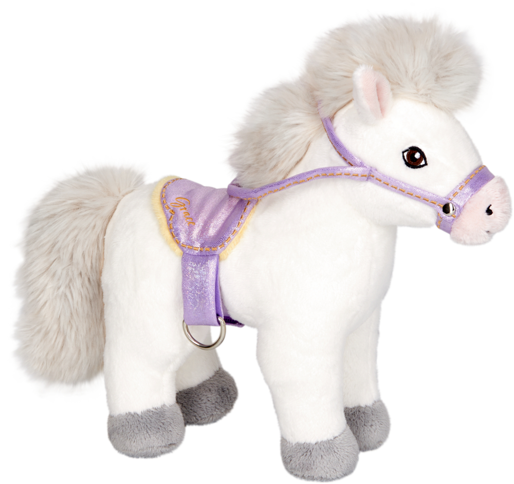 Weißes Plüschpony mit flauschiger Mähne, lila Geschirr und Sattel.