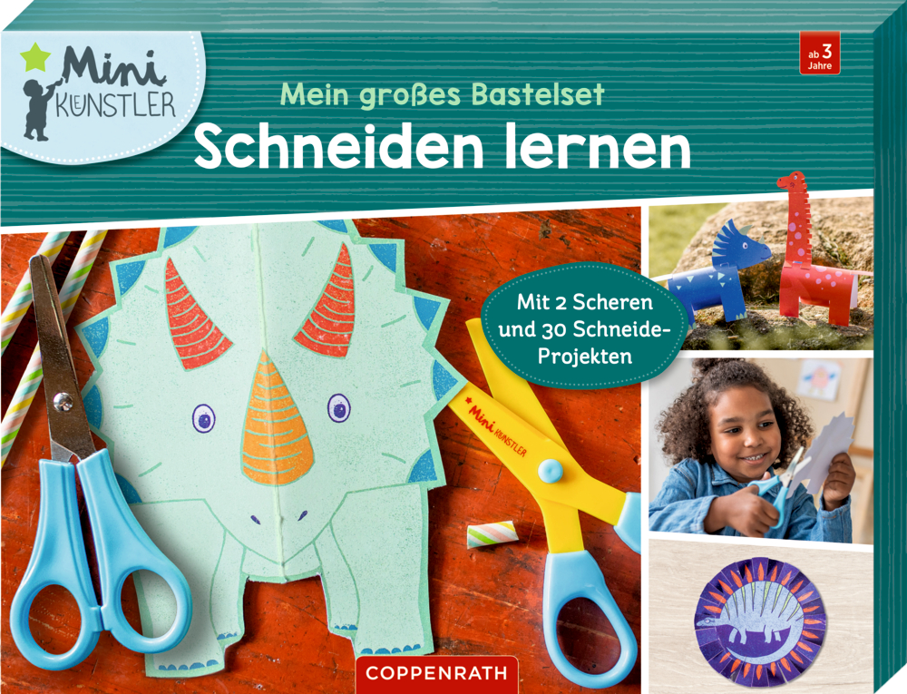 Verpackung des Schneide-Bastelsets für Kinder: Enthält Schere und bunte Dino-Formen! Kreatives Spielvergnügen für kleine Hände.