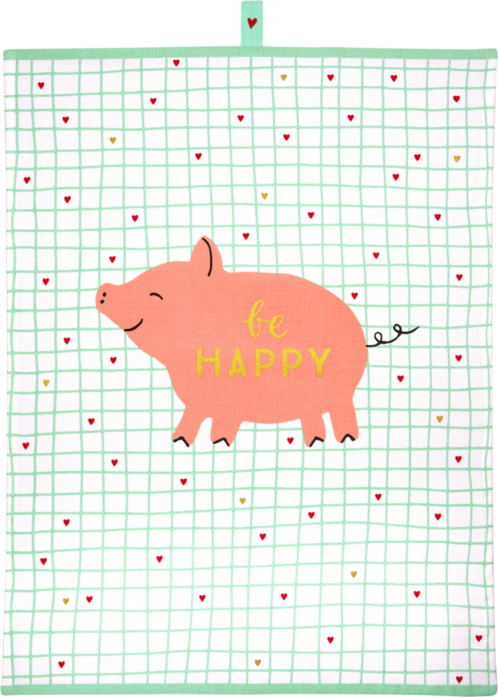 Geschirrtuch mit türkisem Karomuster, kleinem Herzmuster und rosa Schweinmotiv mit goldenem Schriftzug „be happy“ auf dem Schwein.
