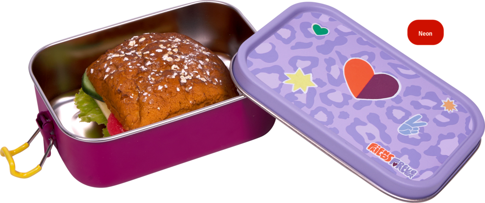 Offene Brotdose aus Metall in Pink mit lila-leo Deckel und bunten Motiven, gefüllt mit einem belegten Brötchen.