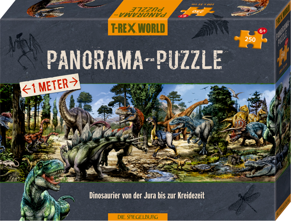 Schachtel eines Dinosaurier-Panoramapuzzles mit verschiedenen Dinosauriern und Aufschrift „PANORAMA-PUZZLE“.