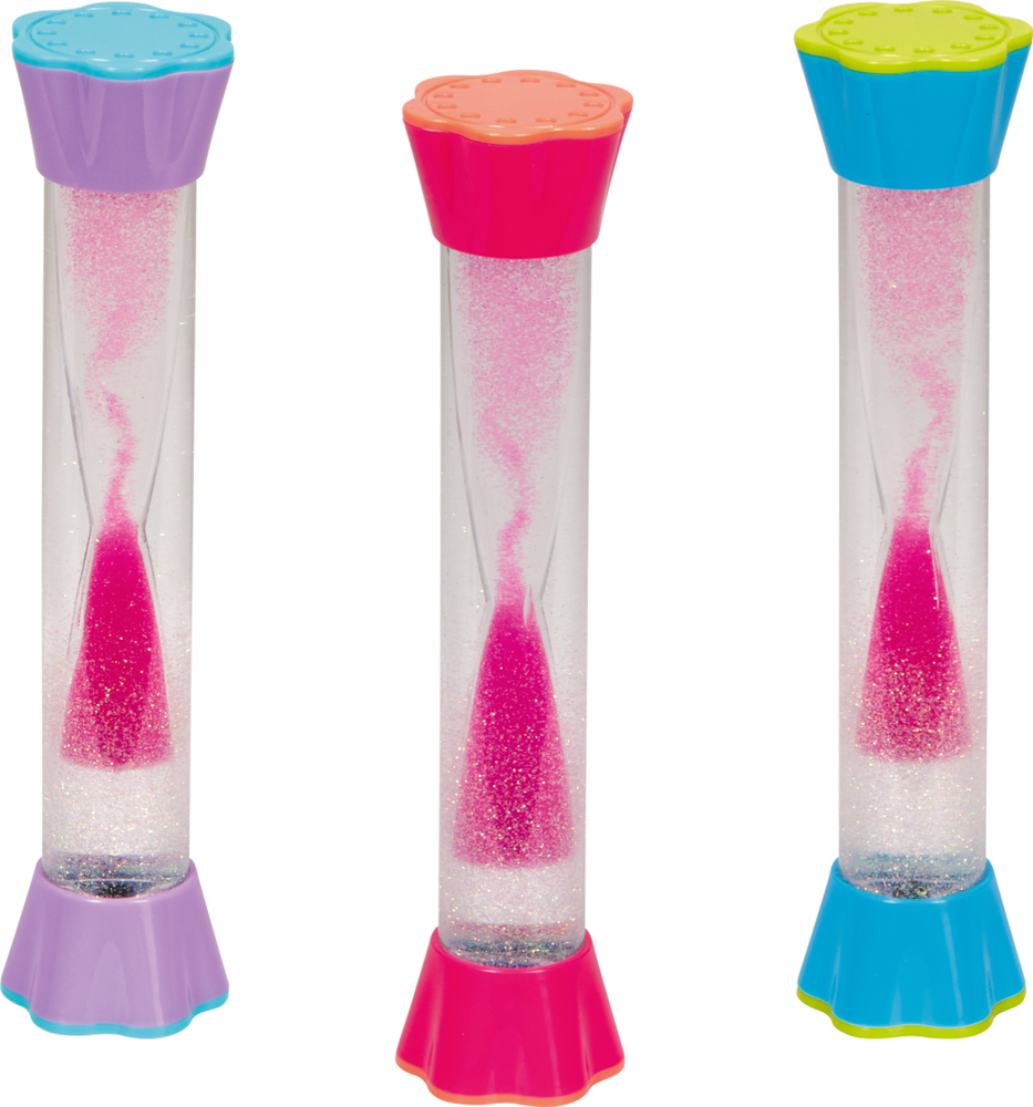 Drei aufrechte Glitzer-Wirbel, die wie Sanduhren aussehen, gefüllt mit rosa Glitzersand, jeweils mit buntem Boden und Deckel.