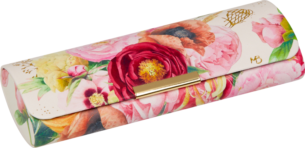 Brillenetui mit Blumenmuster, rosa, roten und gelben Blumen und einem goldenen Verschluss.