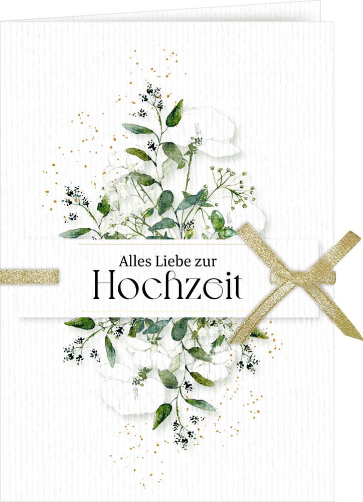 Blumen-Aquarell-Hochzeitskarte mit goldenem Band und deutschem Text: „Alles Liebe zur Hochzeit“.
